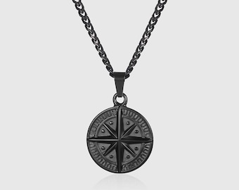 Mens Necklace, Black Compass North Star Pendant Stainless Steel Mens Jewelry, Black Men's Pendant Compass Necklace- By Twistedpendant