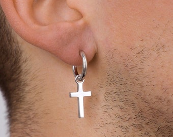 Mens Cross Earrings - Silver Cross Dangle Hoop Earrings For Men - Cross Earrings - Sterling Silver Earrings - Dangle drop Earrings Gifts Men