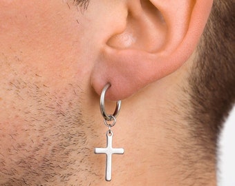 Silver Cross Dangle Earrings - Mens Dangle Earring - Large Cross Dangle Earrings For Men - Mens Cross Hoop Earring - Mens Earrings Jewellery