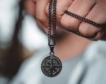 Black Necklace, Black Compass Necklace North Star Pendant Mens Necklace - Mens Jewellery Gifts UK - Black Pendant Men - By Twistedpendant