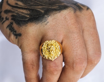 Mens Ring Large Lion Gold Ring - Animal Ring - Signet Ring Men - 18K Gold Signet Ring - Gold Rings for Men - Gold Rings Jewelry Gift Him