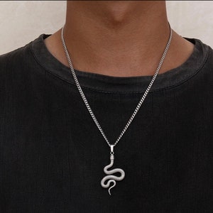 Mens Necklace, Silver Snake Pendant Necklace Stainless Steel Silver Chain Mens Pendant Animal Boho Streetwear Charm- By Twistedpendant