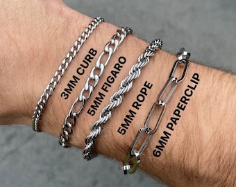 Mens Bracelet Silver Chain For Men, Silver Bracelets Rope 5mm Chain, Curb Bracelet Man, Cuban Link Steel Chain, Figaro Chain Man