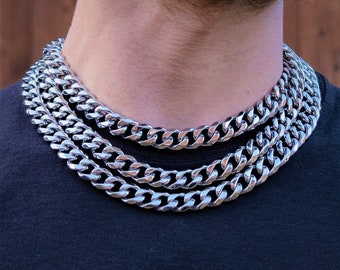 Mens Chain Silver Thick Necklace Chain Choker Cuban Curb 13mm Stainless Steel 18” 20” 22”, Mens Necklace Gifts UK - By Twistedpendant