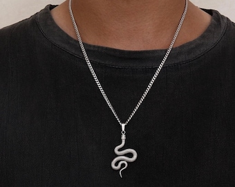 Mens Necklace Silver Snake Pendant Necklace Stainless Steel Silver Chain Mens Pendant Animal Boho Streetwear Charm By Twistedpendant