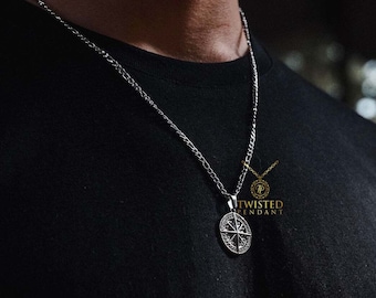 Collier pour homme avec pendentif boussole étoile du Nord en acier inoxydable et chaîne Figaro argentée - Par Twistedpendant