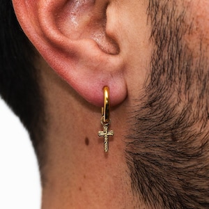 Mens Earrings - 18K Gold Dangle Earring For Men - Cross Drop Earring - Mini Gold Dangle Cross Hoop Earring - Mens Jewellery Gifts