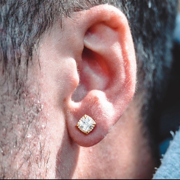 Mens Earring, 18K Gold Diamond Stud Earring For Men, Square Stud Earrings Men, CZ Iced Diamond Earring, Mens Jewellery - By Twistedpendant