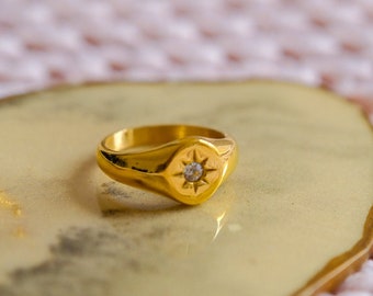 18k Gold Signet Ring, Rings For Women, Cz North Star Gold Ring, Compass Star Ring, Dainty Gold Ring, Minimalist Ring, Star Signet Ring Women