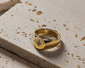 18K Gold North Star Siegelring für Männer, Herrenring, kleiner Diamantring - Silberring am kleinen Finger - Herrenschmuck - Minimalist Siegelring Geschenke