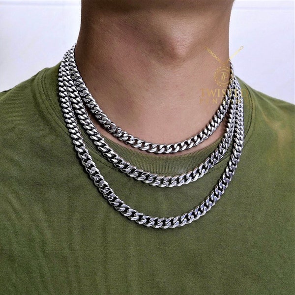 Silver Thick Necklace Chain Choker Cuban Curb 8mm Stainless Steel Mens Silver Chain - Mens Necklace Chain 18" 20" 22" -  By Twistedpendant