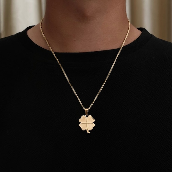 Mens Necklace, 18K Gold Four Leaf Clover Pendant Necklace For Men, 4 Leaf Pendant Men, Gold Necklace Men, Mens Jewellery - By Twistedpendant