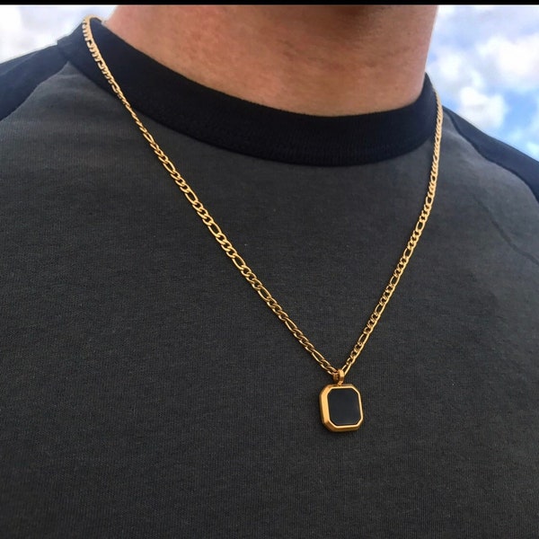 Gold Necklace, Onyx Stone Pendant Gold Necklace Mens Necklace Stone Pendant, 18K Gold Figaro 22" Chains Necklace for Men- By Twistedpendant