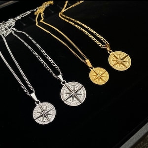 Compass North Star Pendant Stainless Steel Silver Chain Mens Necklace, Mini Compass Pendant Men, Mens Jewelry Gifts - By Twistedpendant