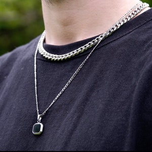 Silver Onyx Necklace, Mens Necklace Onyx Stone Pendant Silver Chain Mens - Set 8mm Chain & Onyx Necklace for Mens - By Twistedpendant