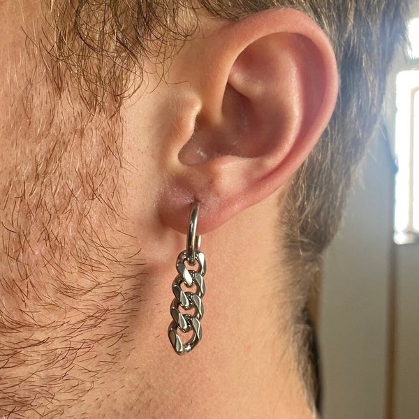 Mens Earrings - Mens Dangle Chain Earring - Cuban Chain Earrings Men - Mens Silver Dangle 16mm Hoop Earrings- Cuban Link Earring Men Jewelry