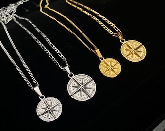 Compass North Star Pendant Stainless Steel Silver Chain Mens Necklace, Mini Compass Pendant Men, Mens Jewelry Gifts - By Twistedpendant