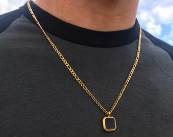 Gold Necklace, Onyx Stone Pendant Gold Necklace Mens Necklace Stone Pendant, 18K Gold Figaro 22" Chains Necklace for Men- By Twistedpendant