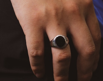 Mens Ring 925 Sterling Silver Ring Adjustable Black Onyx