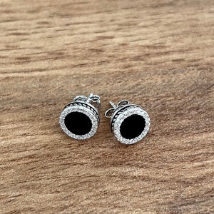 Mens Earring - Silver Onyx Stud Earrings For Men - Mens Stud Earrings - Silver Diamond Stud Earrings - Black Onyx & CZ Diamond Studs For Men