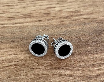 Mens Earring - Silver Onyx Stud Earrings For Men - Mens Stud Earrings - Silver Diamond Stud Earrings - Black Onyx & CZ Diamond Studs For Men