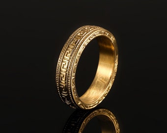 Anillo para hombre - Anillo de banda vintage de oro para hombres - Anillo con patrón de llave griega para hombres - Anillo minimalista para meñique / índice - Joyería para hombres por Twistedpendant