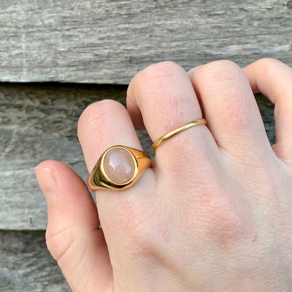 18K Gold Signet Ring Women, Natural Rose Quartz Rings For Women, Gold Signet Ring, Gemstone Gold Rings For Women UK - Valentines Gifts Her