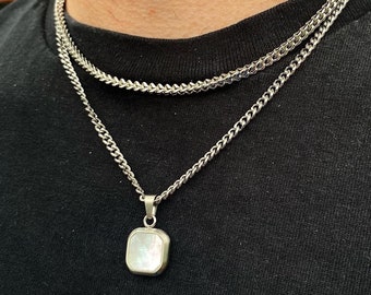 Silver Necklace, White Shell Stone Pendant Silver Mens Necklace, Mens Silver Pendant Necklace, Necklace for Men Gifts - By Twistedpendant