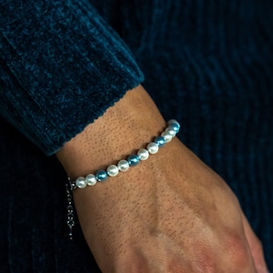 Mens Bracelets, Pearl Bracelet For Men, White / Blue Pearl Chain Bracelet - Pearl & Silver Chain Bracelet - Mens Jewelry - By Twistedpendant