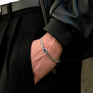 Mens Bracelet - Silver Lapis Lazuli Gem Bracelet For Men - Blue Stone Cuban Link Chain Bracelet - Mens Jewelry - Unique Jewelry Bracelet Gem