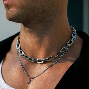 Herenketting - zilveren schakelketting voor heren - zilveren herenchokerketting - zware roestvrijstalen schakelketting dikke vierkante ketting - herensieraden