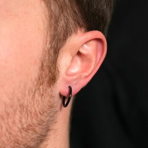 Mens Earring - 16MM Black Hoop Earring For Men - Mens Jewelry - Stainless Steel Black Hoop Earrings - Boys / Male Earrings Men Jewellery