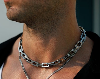 Mens Necklace - Silver Link Chain for Men - Mens Silver Choker Necklace - Heavy Stainless Steel Link Chain Thick Square Chain - Mens Jewelry