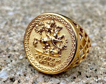 Man Ring, Gold St George Ring, 18k Gold Signet Ring Mens, Sovereign Coin Ring For Men, Statement Rings, Gold Rings Man, Mens Jewelry Gold