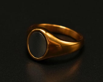 18K Gold Signet Ring - Mens Ring - Polished Gold Rings Silver Stone for Men - Oval Pinky Ring - Mens Jewelry- By Twistedpendant