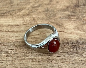 Mens Ring - Silver Signet Ring With Gemstone - Red Agate / Ruby Pinky Rings For Men - 18K Gold Signet Ring- Mens Jewellery By Twistedpendant