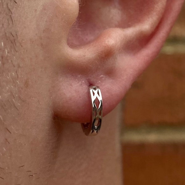 Mens Hoop Earrings - Mens Patterned Silver Hoops, 12mm Silver Huggie Unique Earrings, Mens Earrings Silver Earrings Men By Twistedpendant