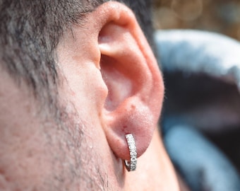 Mens Earrings,Mens Diamond Hoop Earrings, Cubic Zirconia Hoop Earrings Men,  15mm Gold Diamond Hoop Earrings, Silver Huggie Hoops For Men