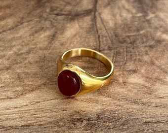 Mens Ring - 18K Gold Signet Ring For Men - Red Agate Gemstone Ring - Gold Plated Signet Ring Men - Mens Jewelry - Smooth Oval Signet Ring