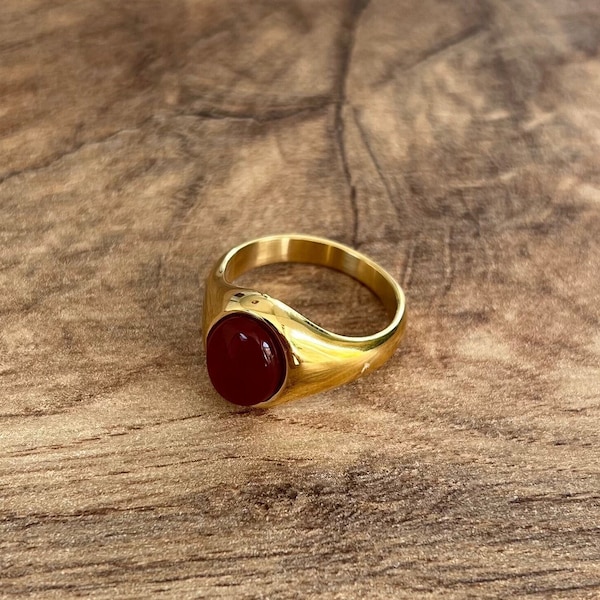 Mens Ring - 18K Gold Signet Ring For Men - Red Agate Gemstone Ring - Gold Plated Signet Ring Men - Mens Jewelry - Smooth Oval Signet Ring