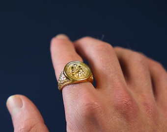 18K Gold Saint Christopher Ring - Large Statement Ring - Mens Ring - Gold Ring For Men - Big Gold Signet Ring Men Jewelry By Twistedpendant