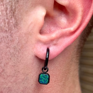 Mens Dangle Earring - Mens Earrings - Black Hoop Earring - Green Opal Hoop Dangle - Mens Jewelry - Gemstone Dangle Earring By Twistedpendant