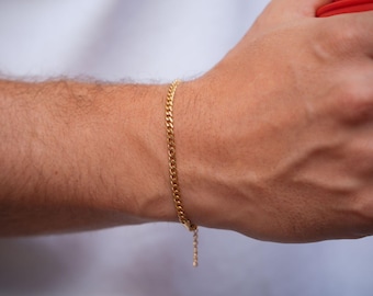 Mens Bracelet - Minimal Gold Cuban Bracelet For Men - 3mm Link Bracelet Chain - Mens Jewelry - Waterproof / Hypoallergenic Chain Gifts UK