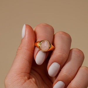 18K Gold Rose Quartz Ring - Pink Gemstone Signet Ring Women - Womens Pinky Rings - Silver Signet Ring - Womens Jewelry - By Twistedpendant