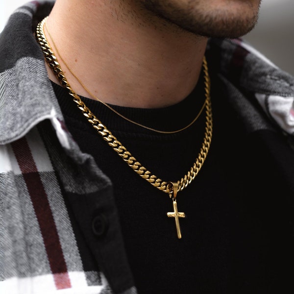 18K Gold Cross Pendant On Chunky Gold Chain, Thick Necklace With Cross Pendant, Gold Chain With Pendant, Chunky Cross Necklace- Mens Jewelry