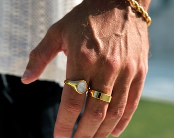 18K Gold Signet Ring - Mens Ring - Mens Pearl Ring - Witte Signet Ring - Signet Ring Mannen - Heren Pinky Ring - Heren Sieraden door Twistedpendant
