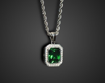 Mens Necklace - Green Gemstone Necklace For Men - Emerald Styled Diamond Necklace - Mens Silver Pendant - Mens Jewelry By Twistedpendant