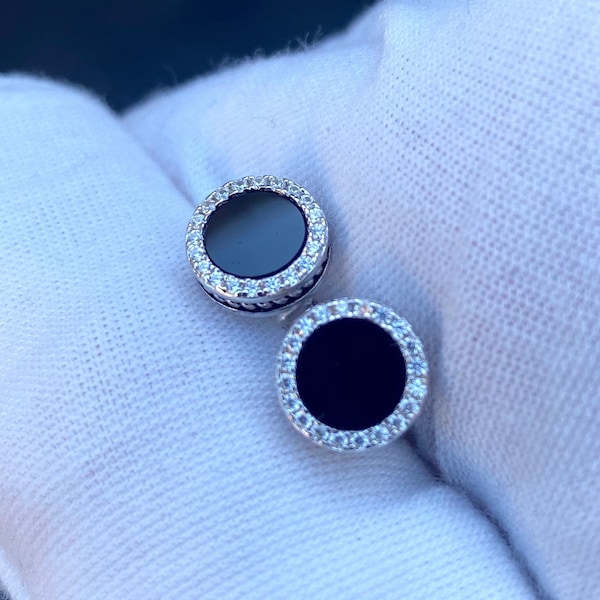 Round Sterling Silver Stud Earrings For Women / Men, Black Onyx Circle Earring Stud with Cubic Zirconia Diamond Earrings - By Twistedpendant