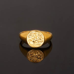 Op de afbeelding: Een gouden zegelring met een gedetailleerd cirkelvormig embleem. De ring heeft een gepolijste afwerking en een klassiek ontwerp. Het embleem toont een gedetailleerd reliëf van een figuur te paard. De ring wordt gepresenteerd op een reflecterend oppervlak.