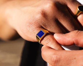 Mens Ring - Lapis Signet Ring Gold Pinky Ring - Mens Blue Lapis